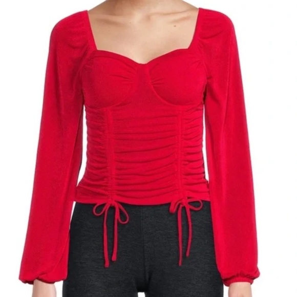 No Boundaries Juniors' Ruched Peasant Top - Picture 1 of 16